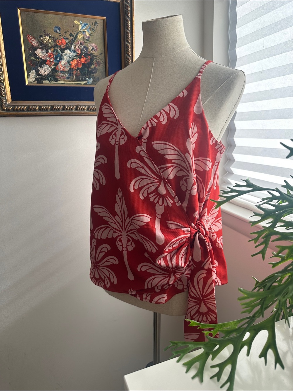 Anthropologie Red Palm-Print Tie-Side Camisole